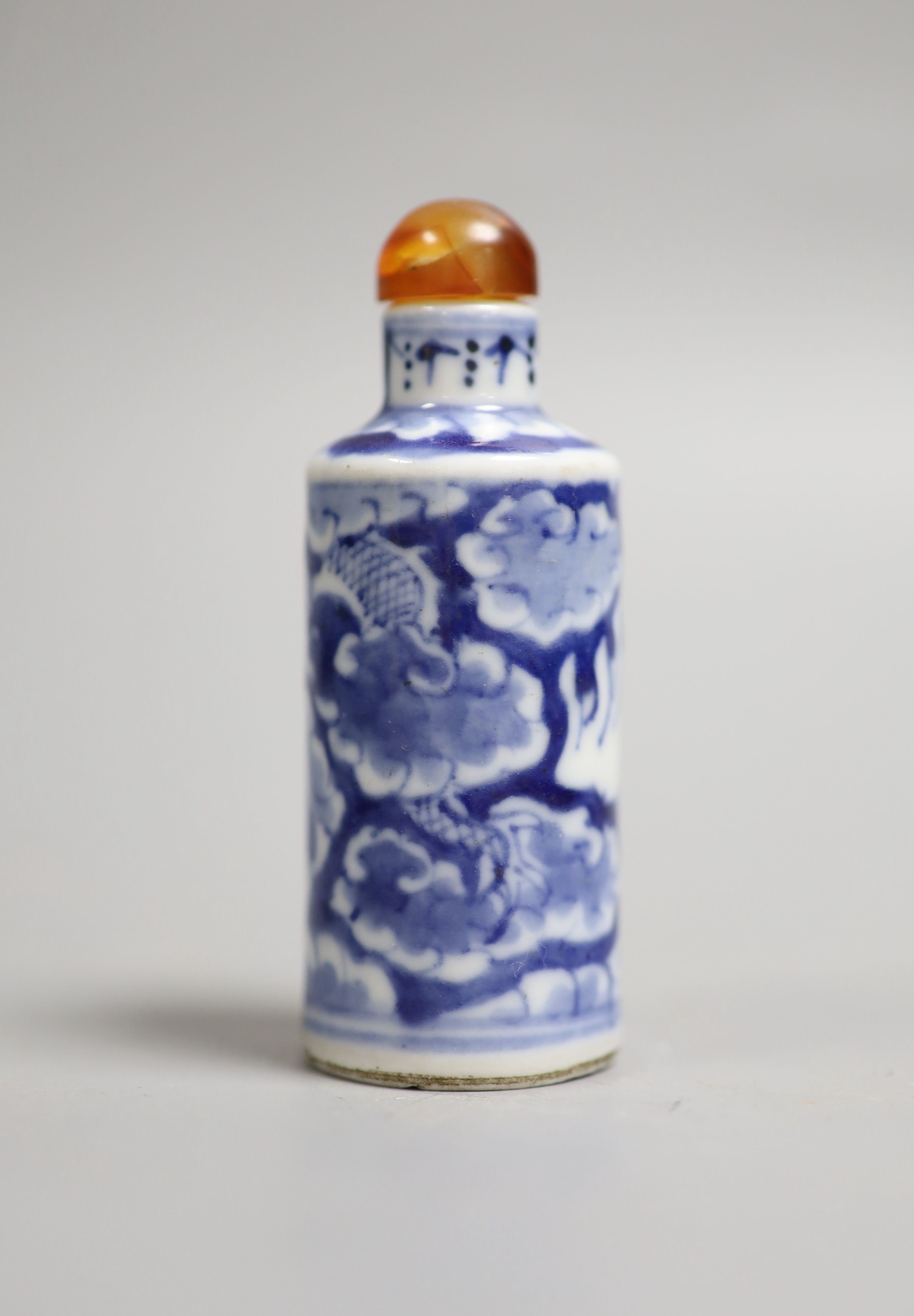 A Chinese blue and white snuff bottle, 9cm high including stopper